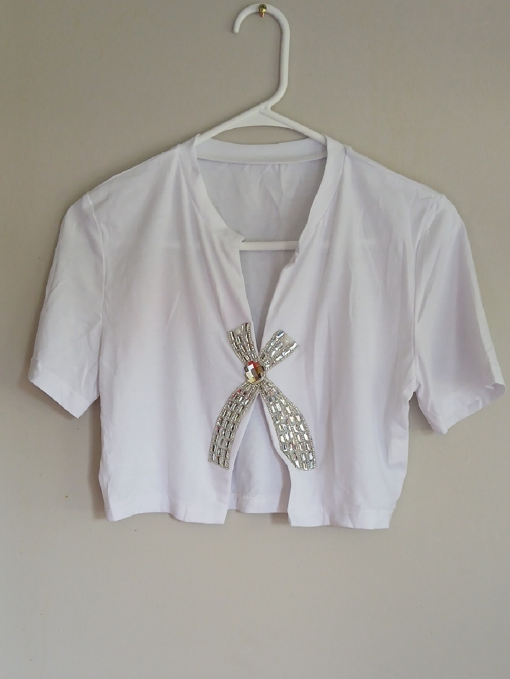 White Short-Sleeve Embellished Crop Top with Bow Accent